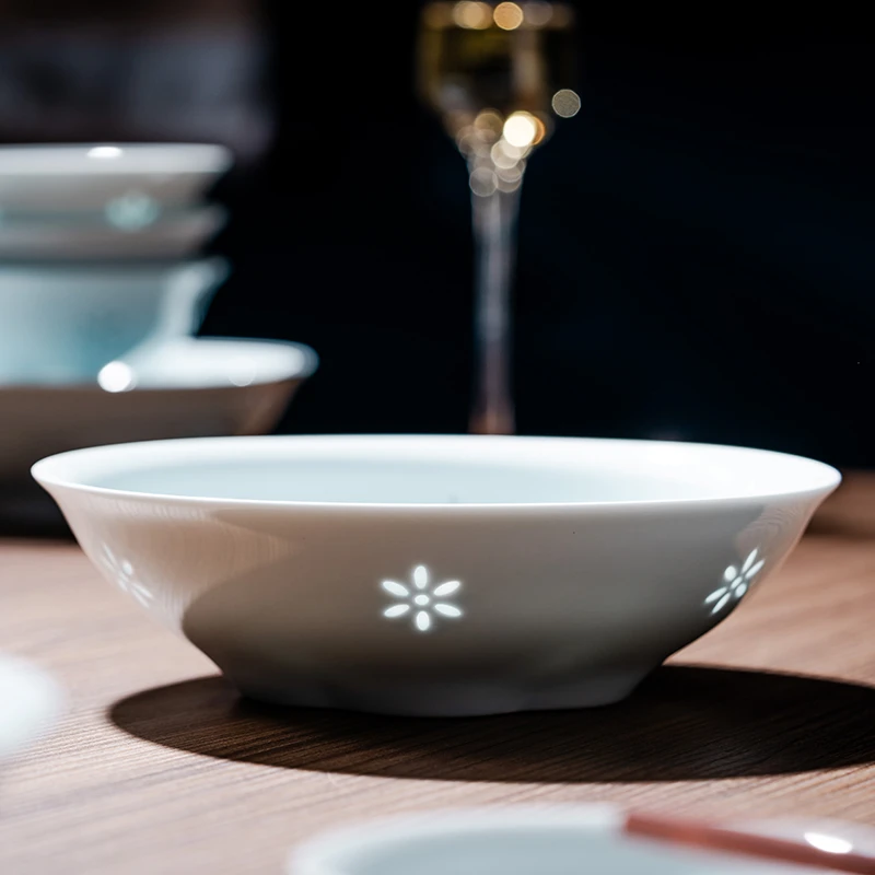 富玉【碧玉花语】7寸窝盘景德镇影青瓷玲珑高温瓷家用盘汤盘影青釉