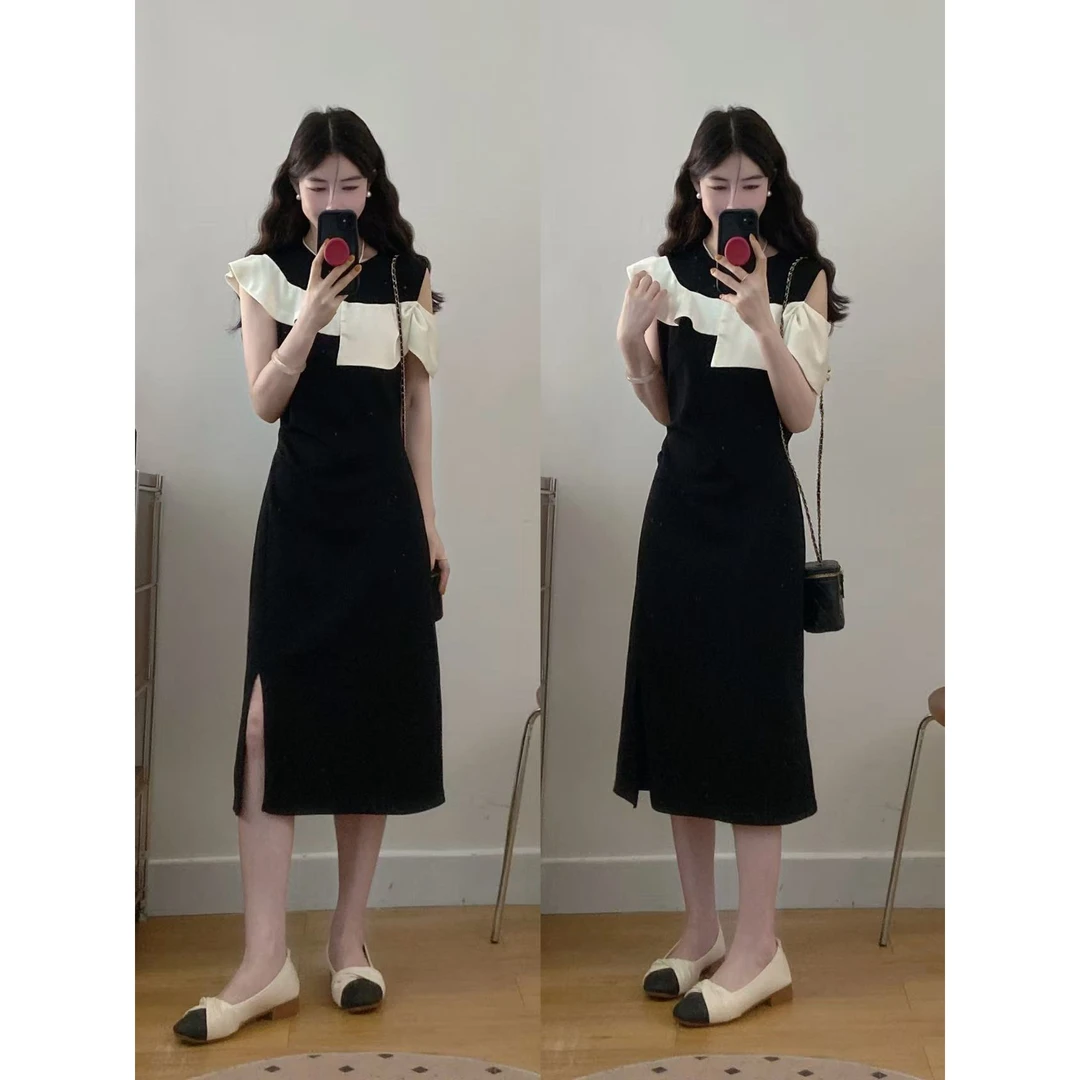 2025大码女装夏季新款时尚高级胖MM感露肩洋气显瘦通勤简约连衣裙