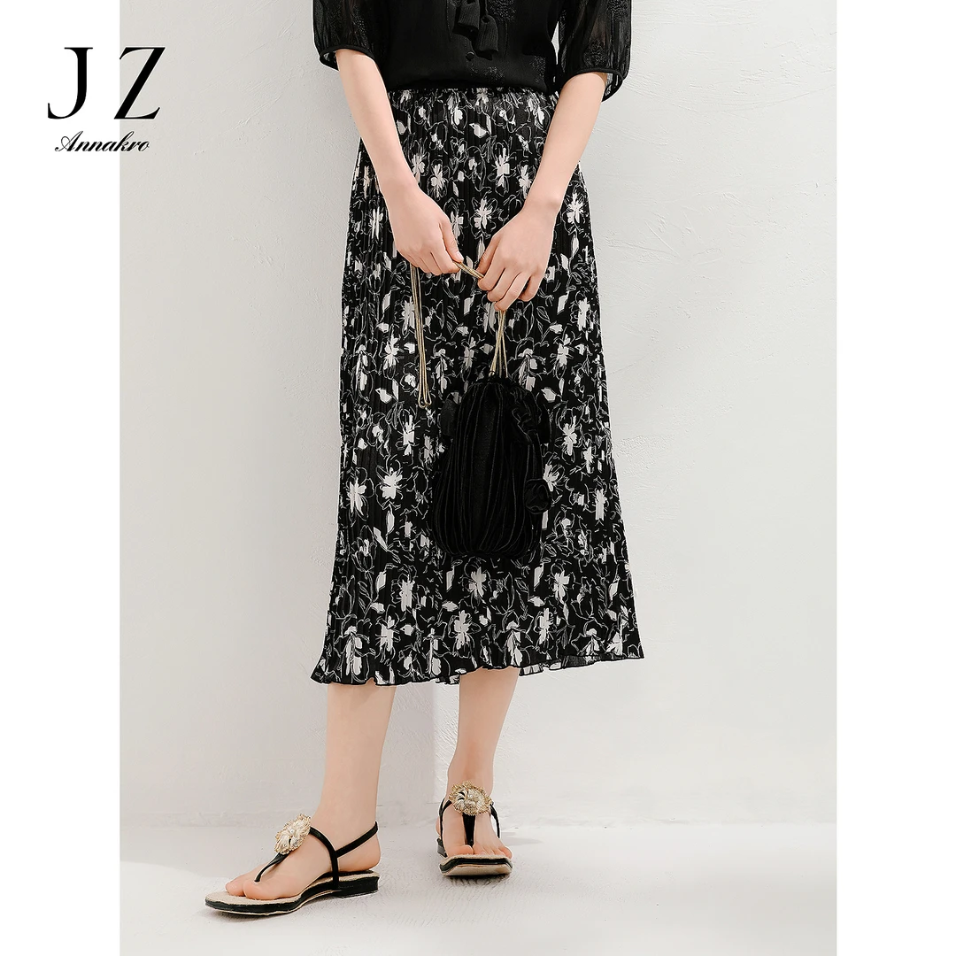 【岚岚专属】玖姿安娜蔻KWFX20101黑白印花雪纺压褶半身中长裙
