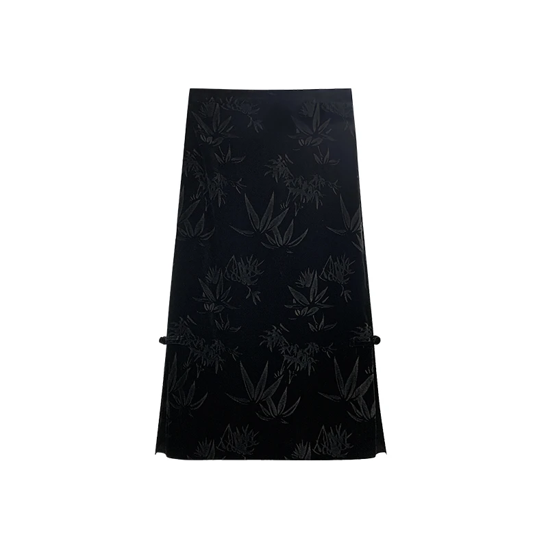 【橙庐】1018123新中式竹叶烧花丝绒盘扣半裙 桑蚕丝时尚气质国风