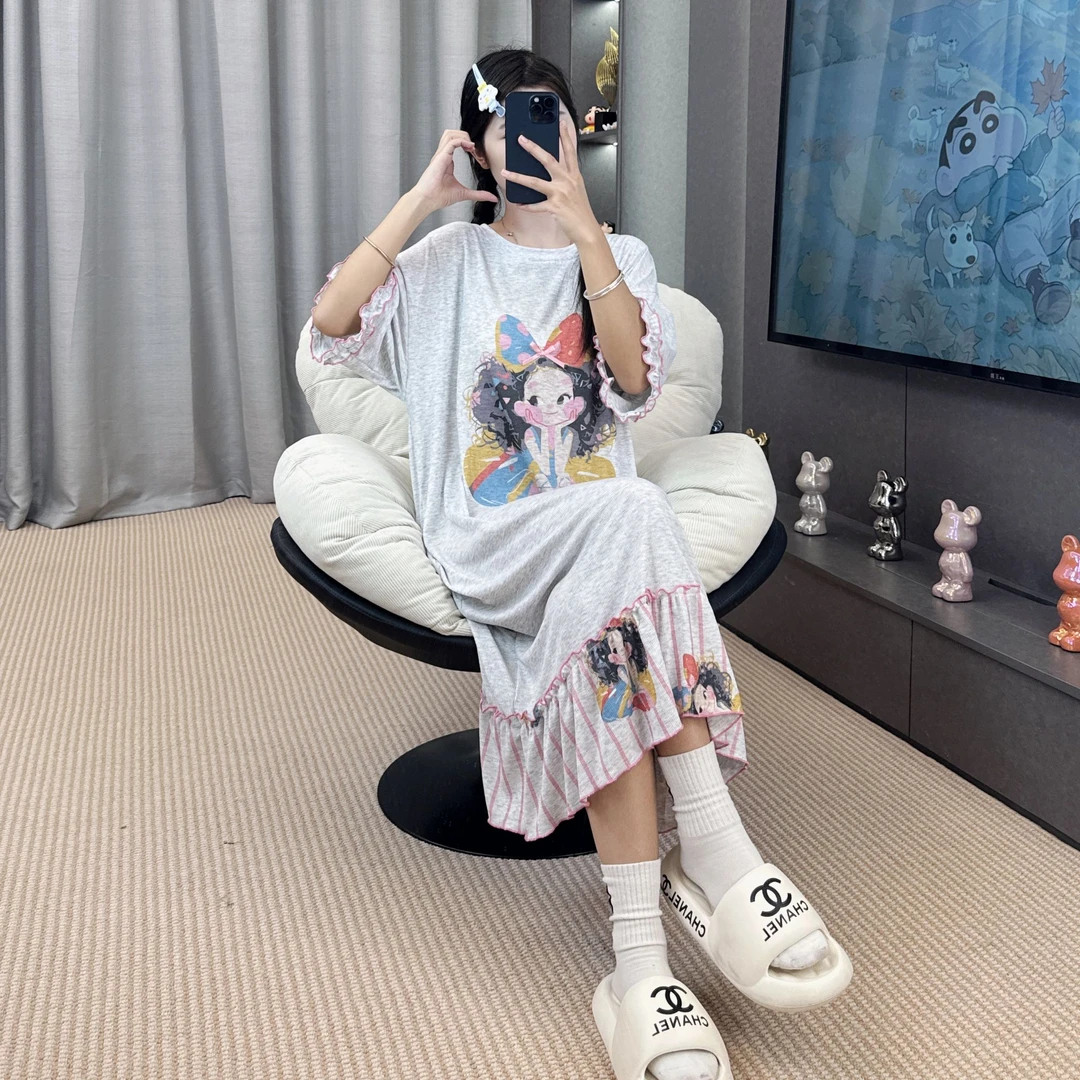 睡衣女夏季新款半袖薄款卡通休闲韩版宽松带胸垫睡裙-141（SQ）