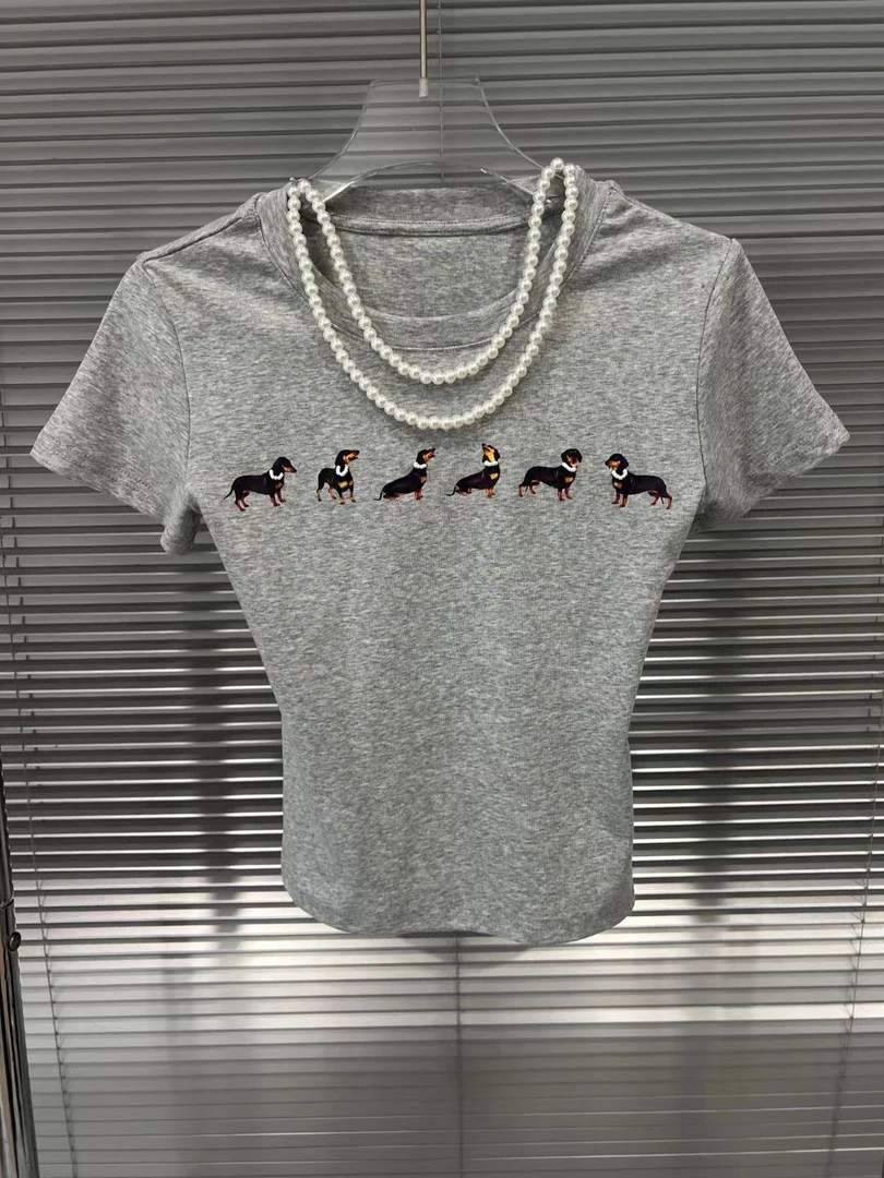 腊肠狗 珍珠项链短袖  灰色