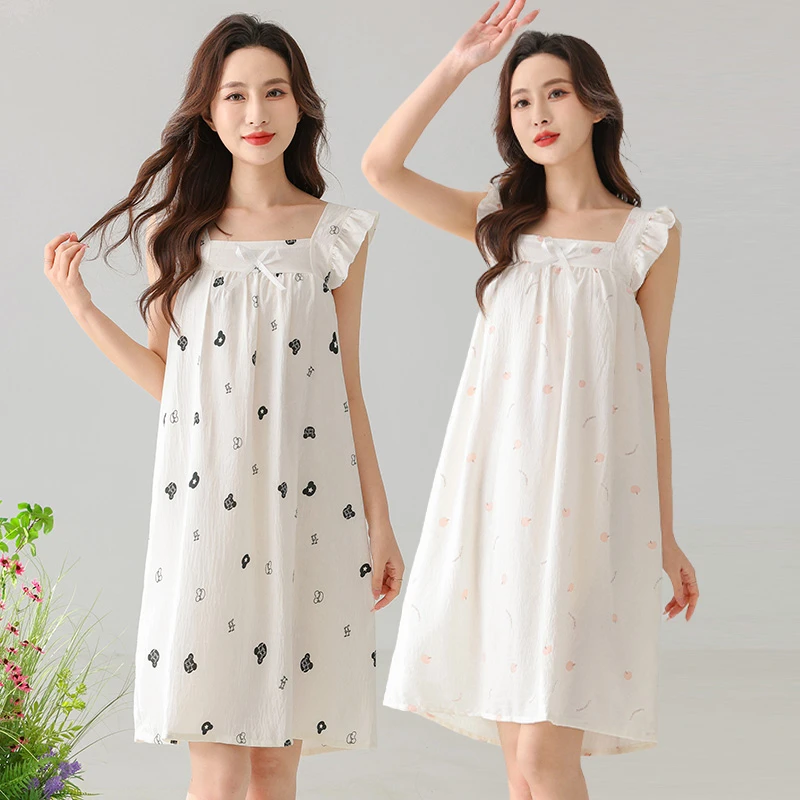 夏季一字领吊带裙2025年新款绵绸连衣裙甜美性感睡裙人棉无袖睡衣