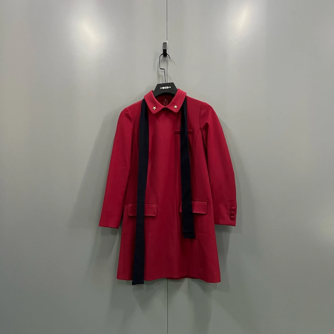 99新 Valentino/华伦天奴 zz17 红色飘带长袖连衣裙 38码/606744