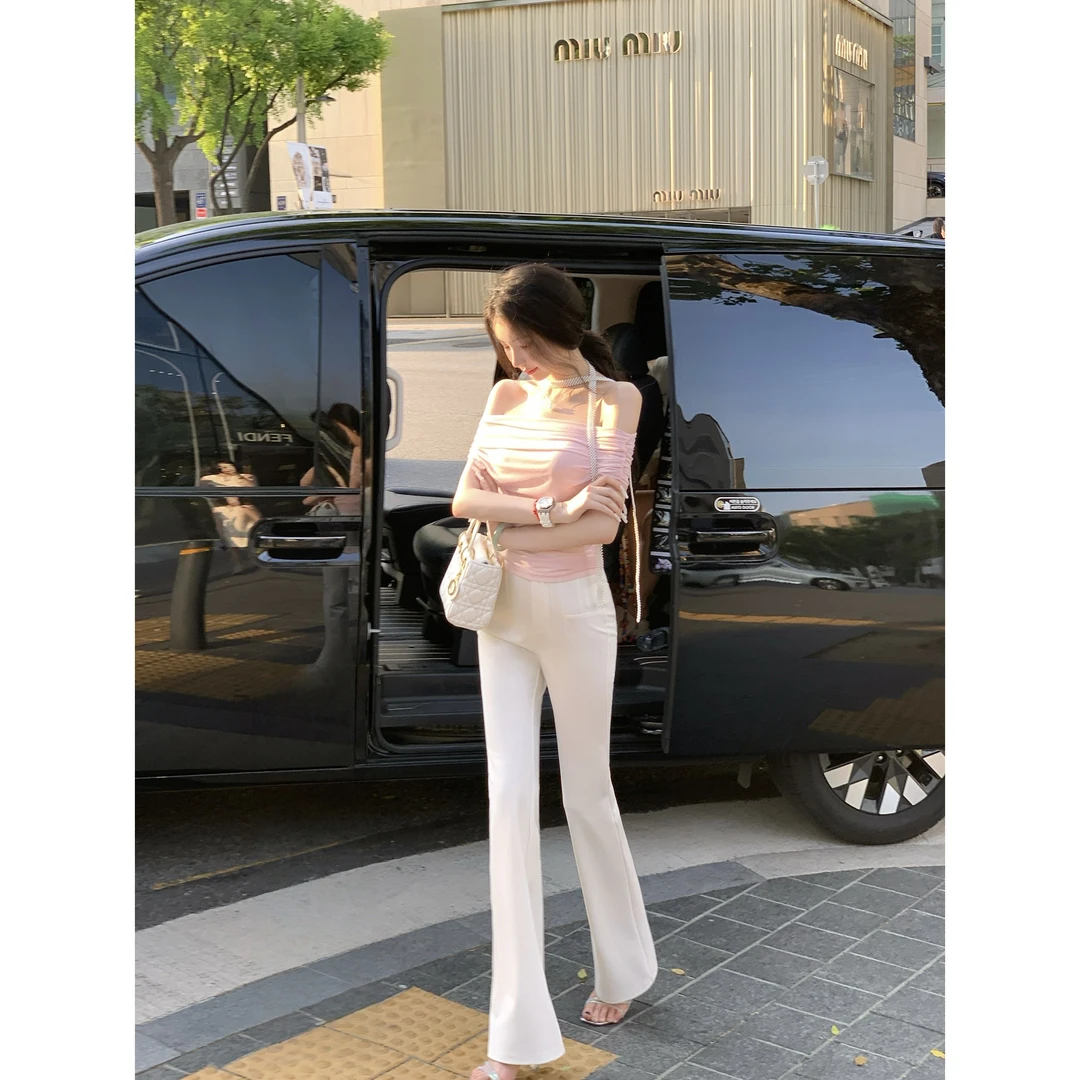 【雅乔定制】微醺裤子 白色高腰修身显瘦微喇长裤DYTH-25023732