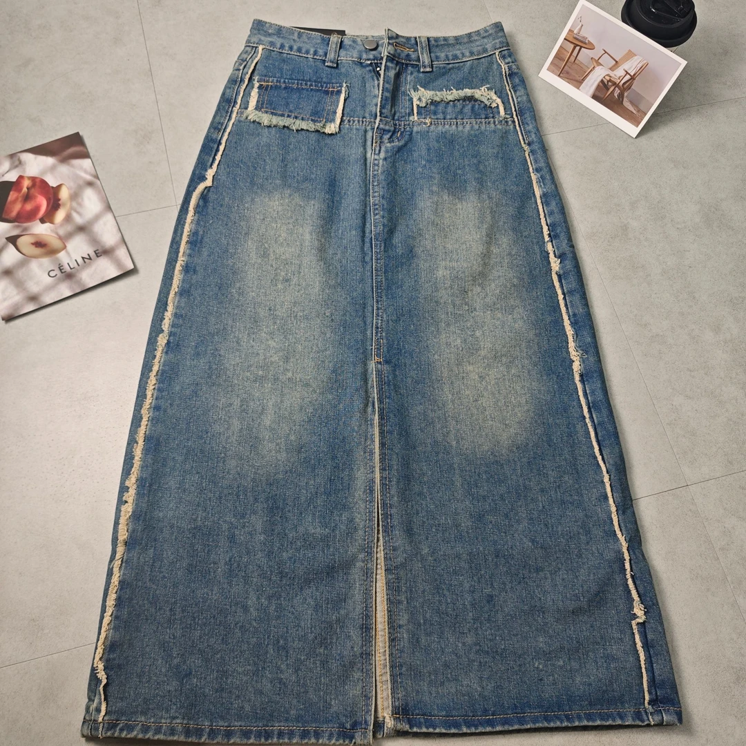 高腰无图案立体装饰牛仔裙半身裙休闲开叉裙子短裙复古