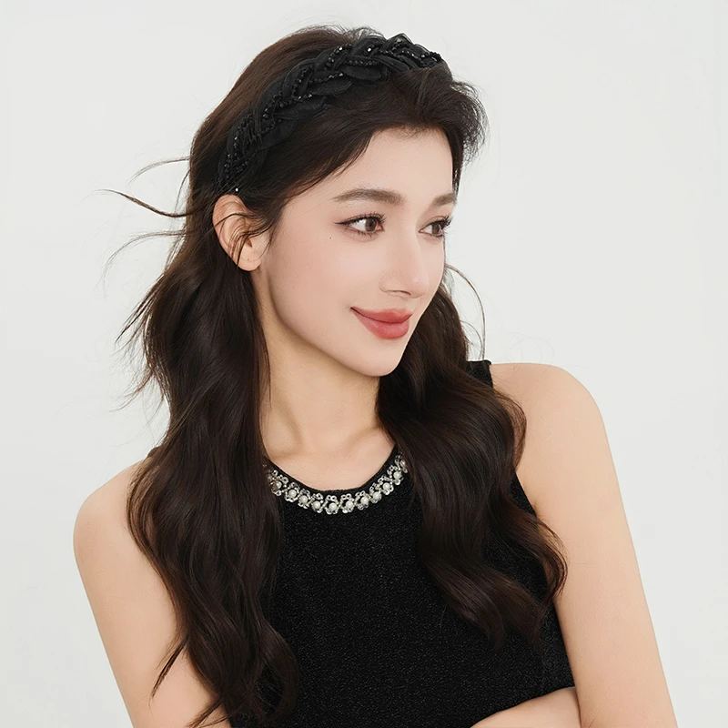 【巴黎王妃】黑色宽边带齿发箍女经典高级感气质两戴式编织头箍发饰