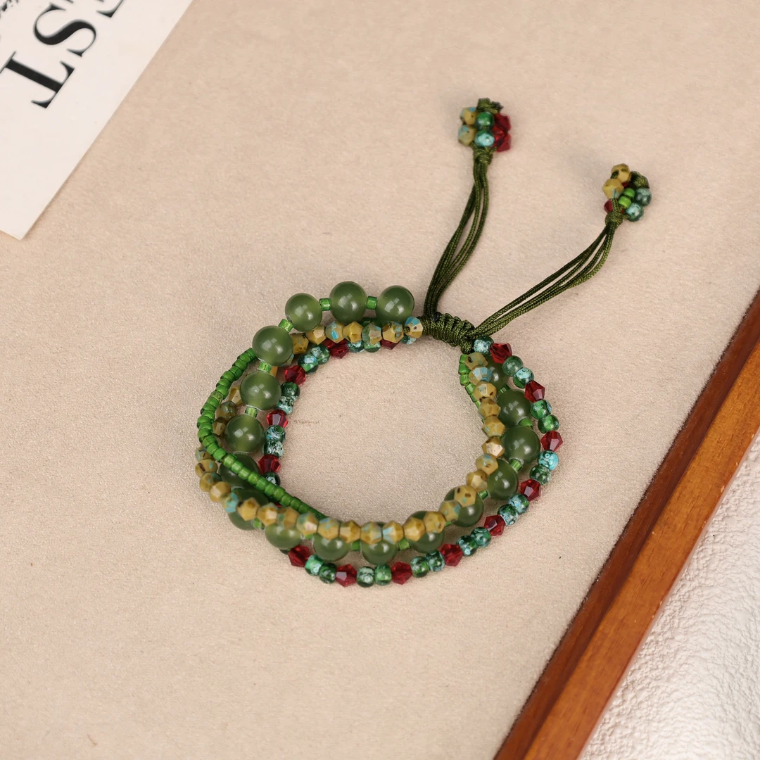 合金项链 琉璃手链 LZ4560四层碧翠绿色琉璃老珠子小米珠绳编手链