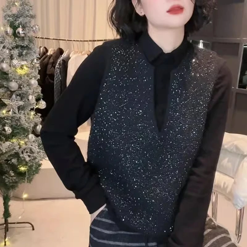 V领针织马甲女2025春季款韩版时尚亮片闪闪洋气百搭显瘦坎肩上衣