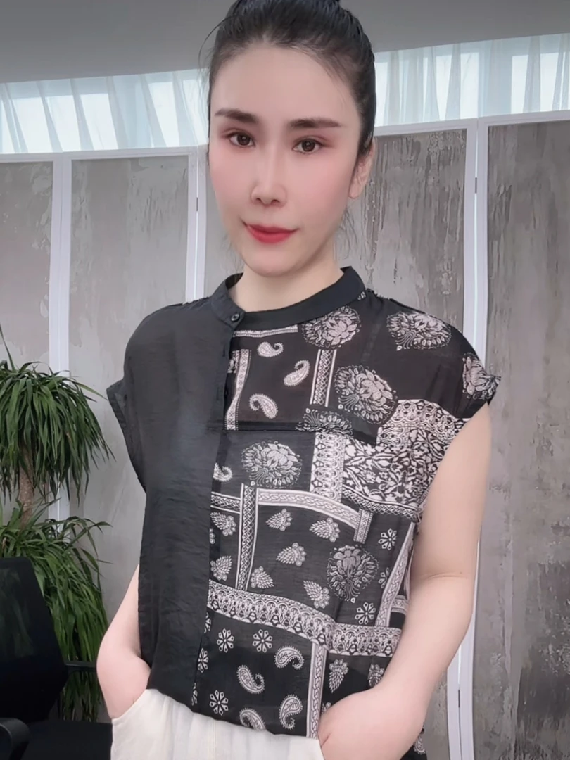 数码印花纯苎麻小立领无袖百搭显瘦小衫女AYM 2510