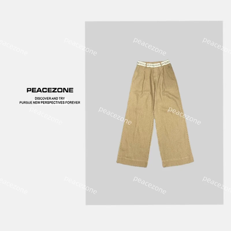 Peacezone 100亚麻 腰头撞色织带亚麻长裤/P5895