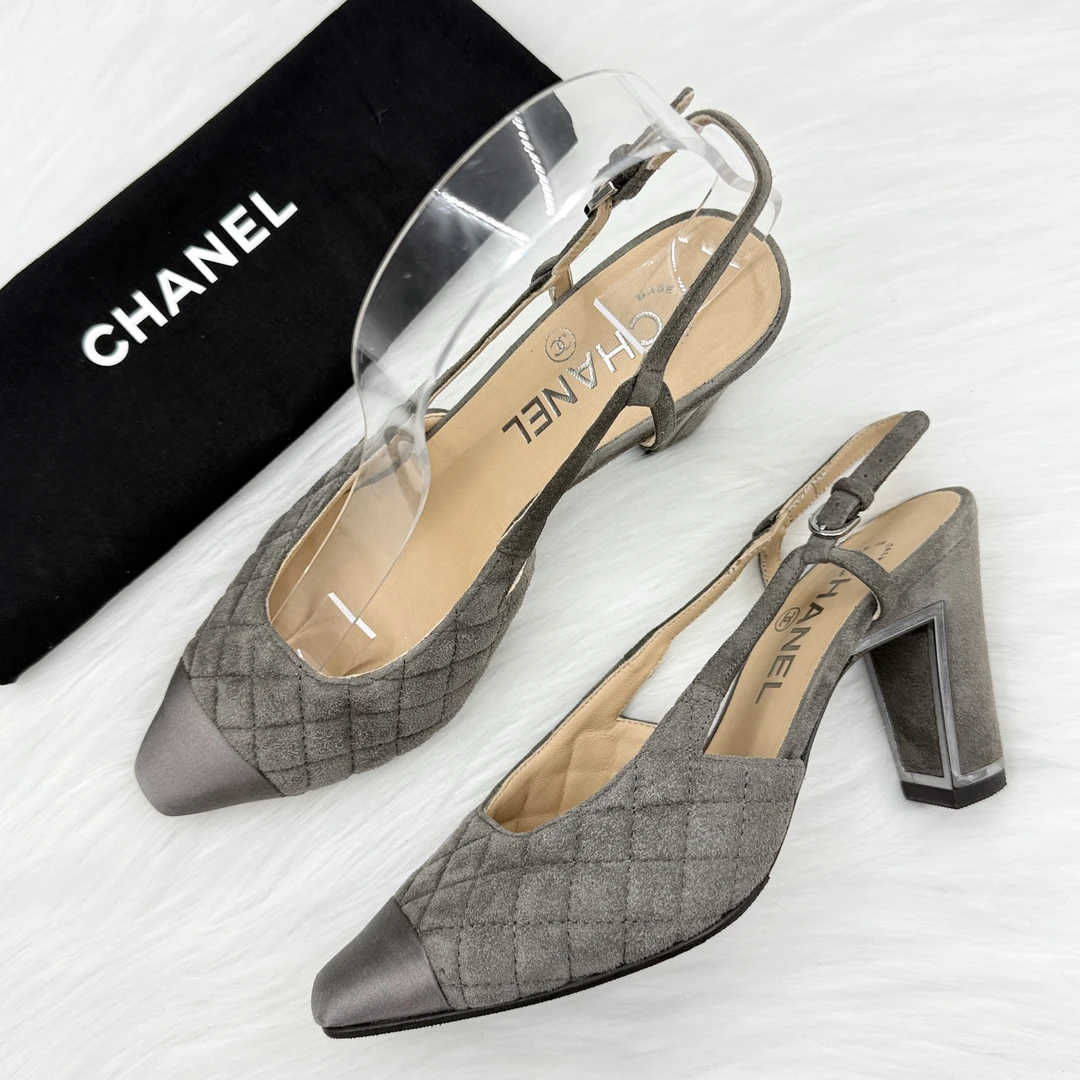 99新 Chanel/香奈儿 菱格纹麂皮粗跟凉鞋 36码 公价1.2w j9041
