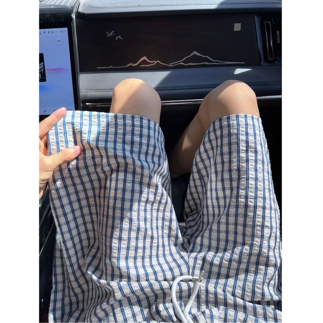 蓝色泡泡纱格子短裤男款夏季薄款外穿速干沙滩裤子休闲运动五分裤