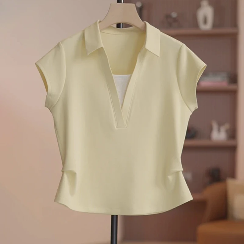美式复古收腰显瘦正肩短袖t恤女2025夏季新款小众休闲翻领上衣潮