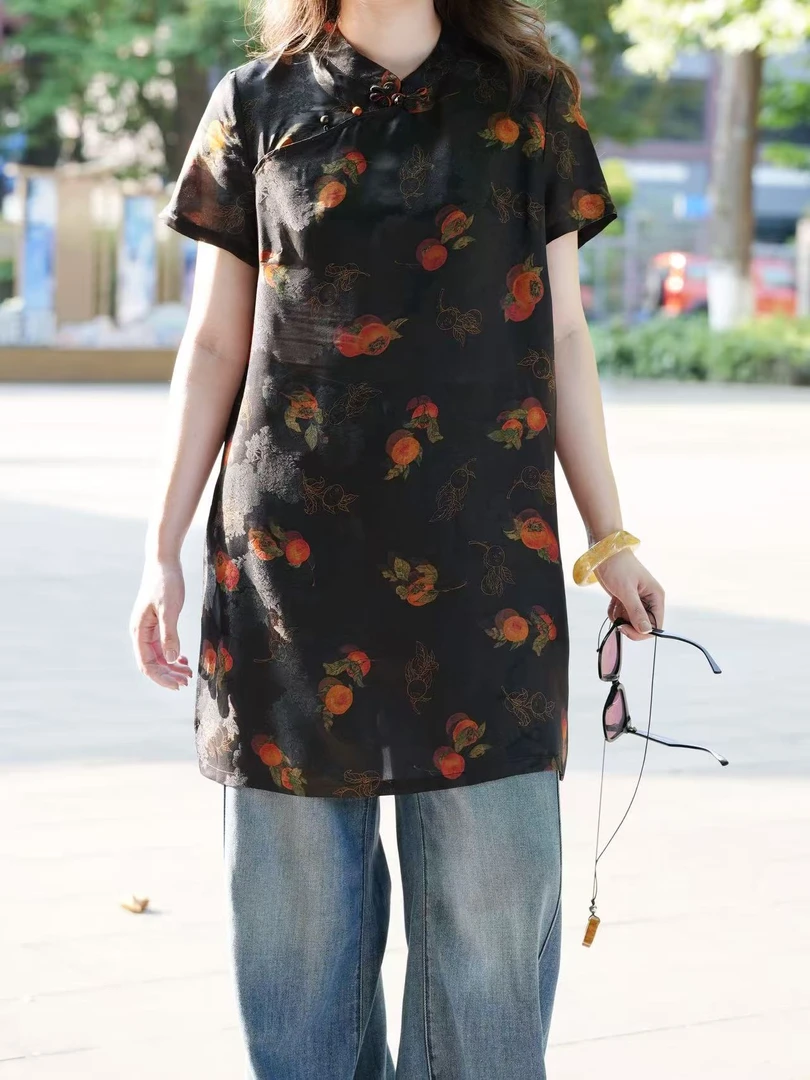 谢美丽-精选盘扣柿柿如意长款衬衫新中式