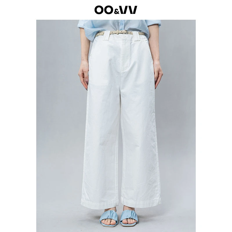 OO&VV纯棉白色阔腿裤女2025夏季薄款女裤休闲裤子西装高腰直筒裤