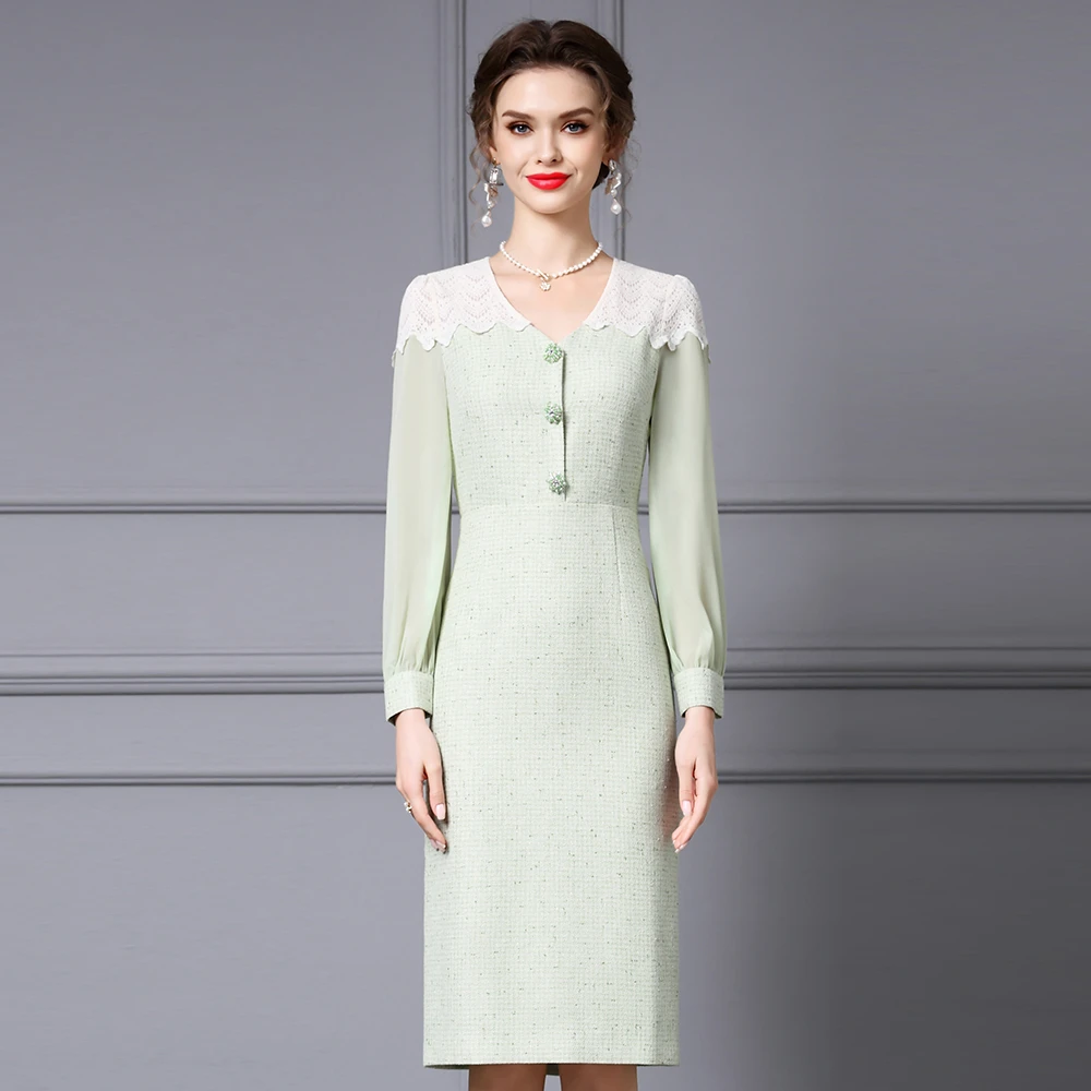 枝荔重要场合绝美连衣裙上流社会蕾丝V领长袖收腰包臀裙子新款秋