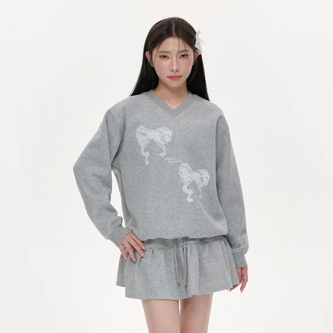 【清清】NCXK甜美V领蕾丝贴布绣花蝴蝶结卫衣宽松显瘦百搭WY268