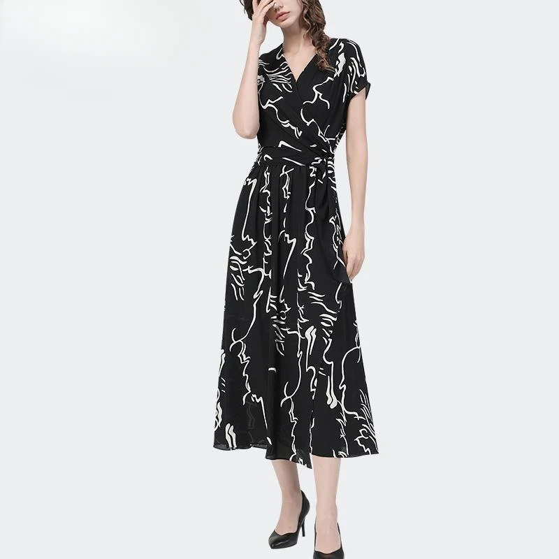 法式v领时尚连衣裙新款复古印花雪纺裙A字裙气质中长裙LD15887