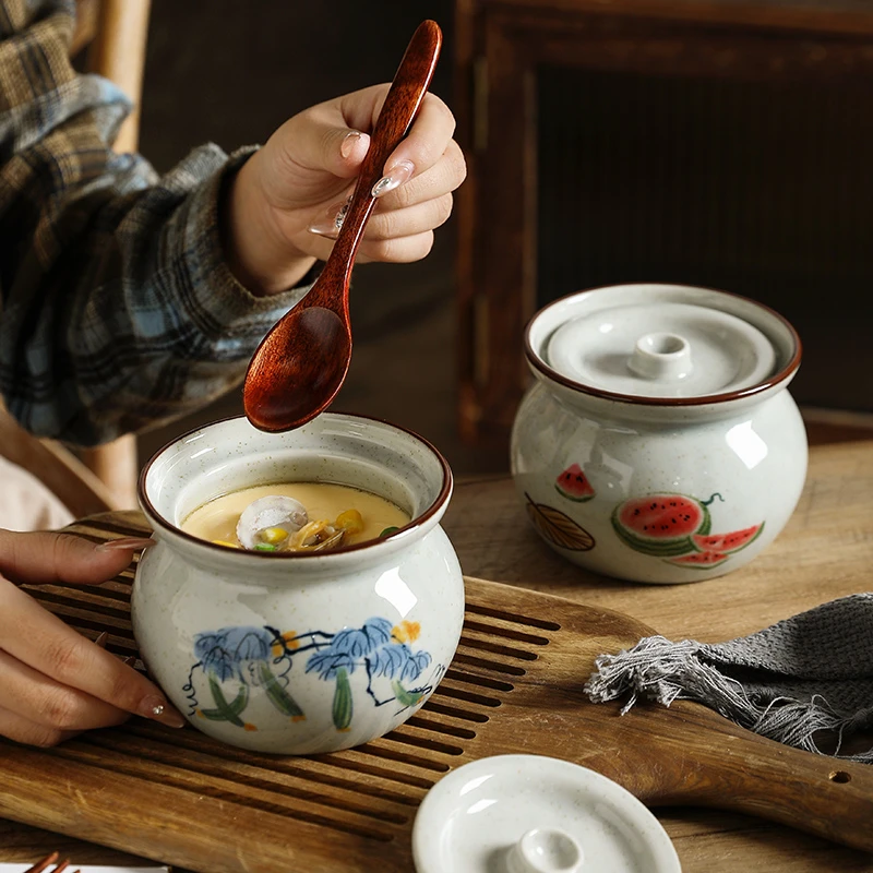 舍里新款复古瓦罐炖盅家用隔水炖蒸蛋炖汤带盖陶瓷煲汤罐