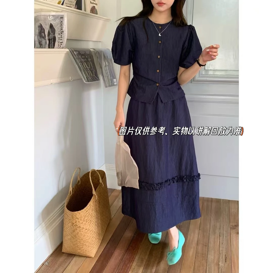 月蒙家-胖mm 法式显瘦圆领泡泡袖上衣半身裙套装气质百搭两件套