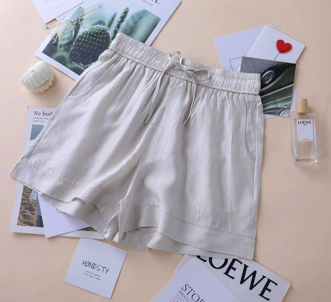 JS2673夏季醋酸高腰垂感薄抽绳短裤醋酸阔腿显瘦休闲阔腿短裤