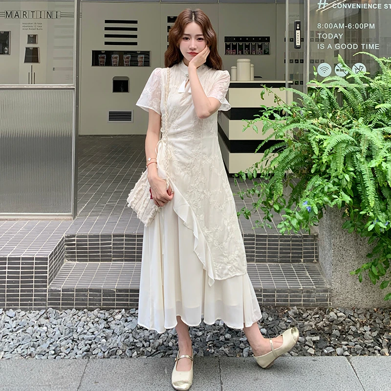 国风不规则荷叶边新中式连衣裙蕾丝女长裙改良旗袍裙气质轻奢裙子