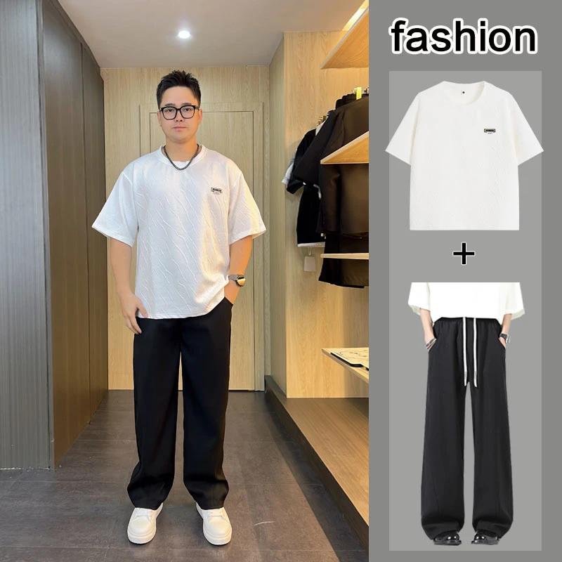 夏季男士短袖T恤韩版宽松休闲套装半袖百搭时尚胖人大码夏装港风