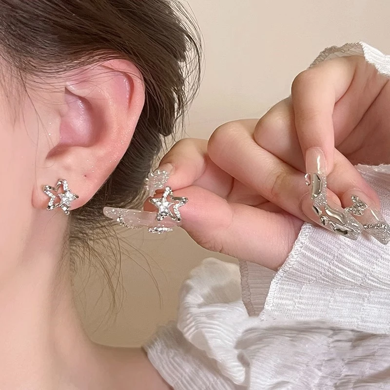 合金耳饰 星星相印 耳钉耳夹超闪星星锆石设计高级感小巧精致耳饰