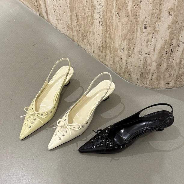 2025新款春季女鞋时尚气质欧美风靓色蝴蝶结尖头中跟鞋子女单鞋女