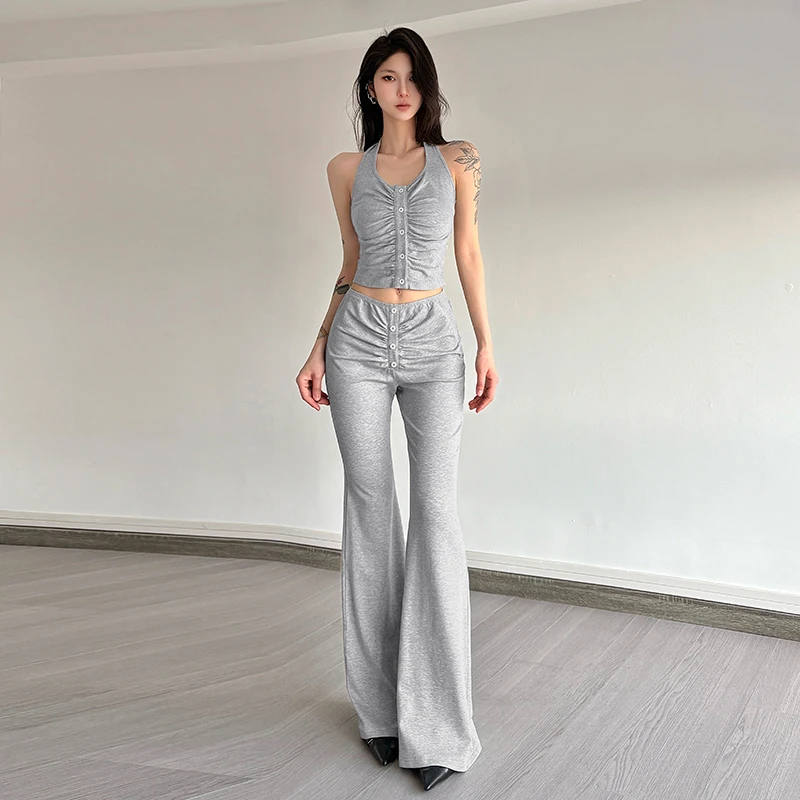 Malou 高街复古运动风百搭褶皱挂脖吊带休闲长裤套装女K25S68526