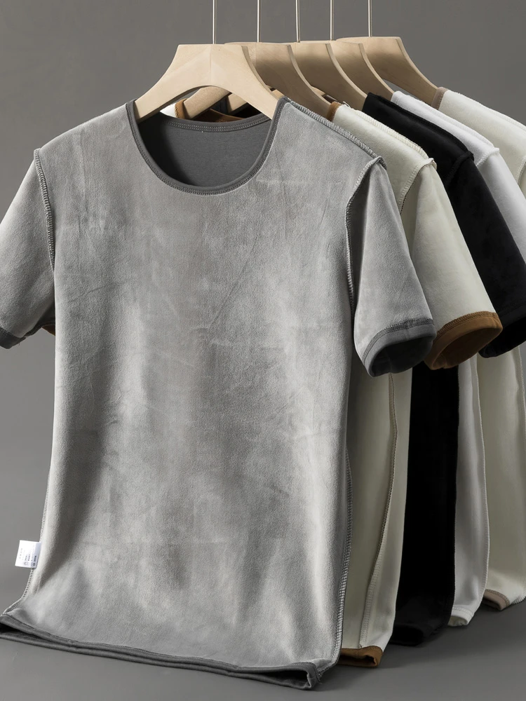 特大码300斤加绒加厚圆领短袖男士T恤冬季保暖内搭半袖打底衫上衣