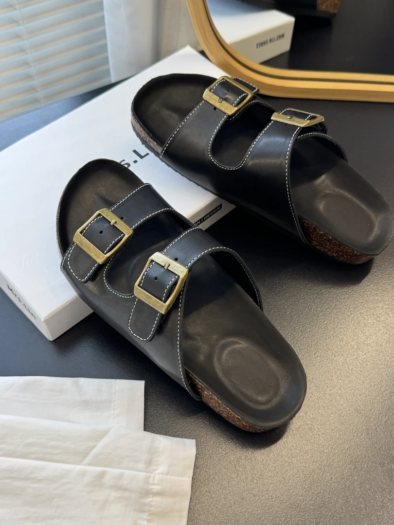 【跟高3cm】2025新款夏季黑色水洗牛皮双扣勃肯鞋舒适百搭凉鞋拖鞋