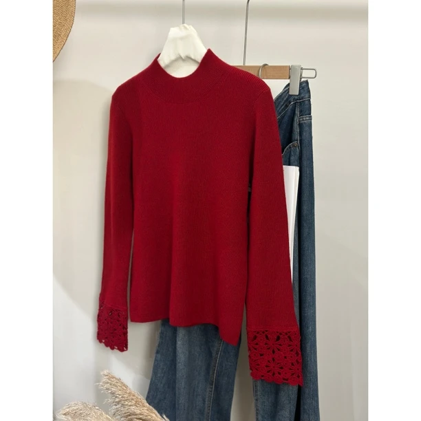 【法式花边钩花半高领针织衫】纯色气质优雅显瘦百搭设计感长袖上衣