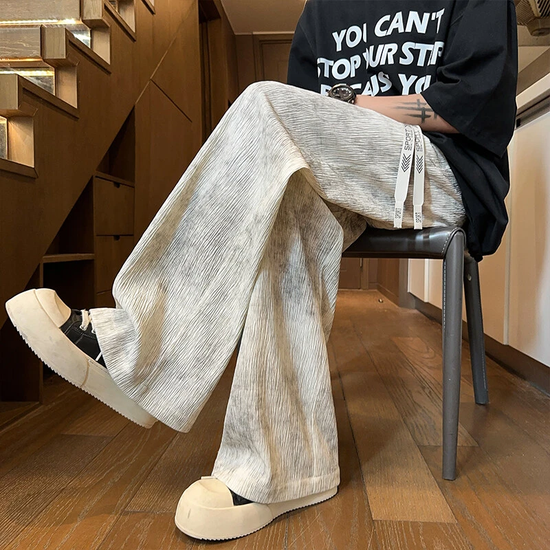 霄桂姿夏季扎染宽松冰丝裤潮牌垂感男士休闲直筒裤百搭清凉长裤子