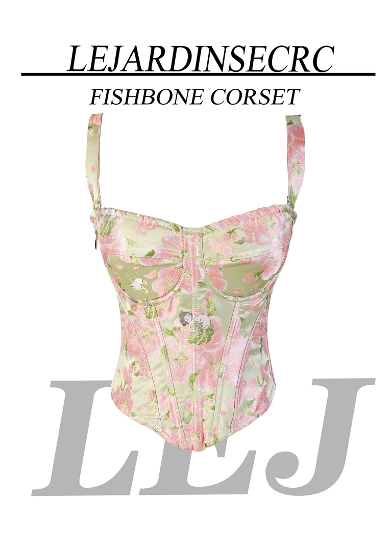 【翠玉轩】法式印花宫廷风鱼骨胸衣碎花拉链绑带鱼骨上衣
