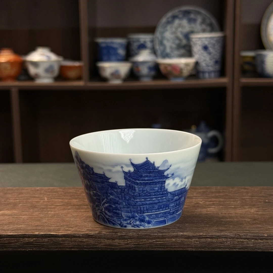 景德镇青言纯手工手绘青花釉下彩山水楼阁岳阳楼圖纹主人杯