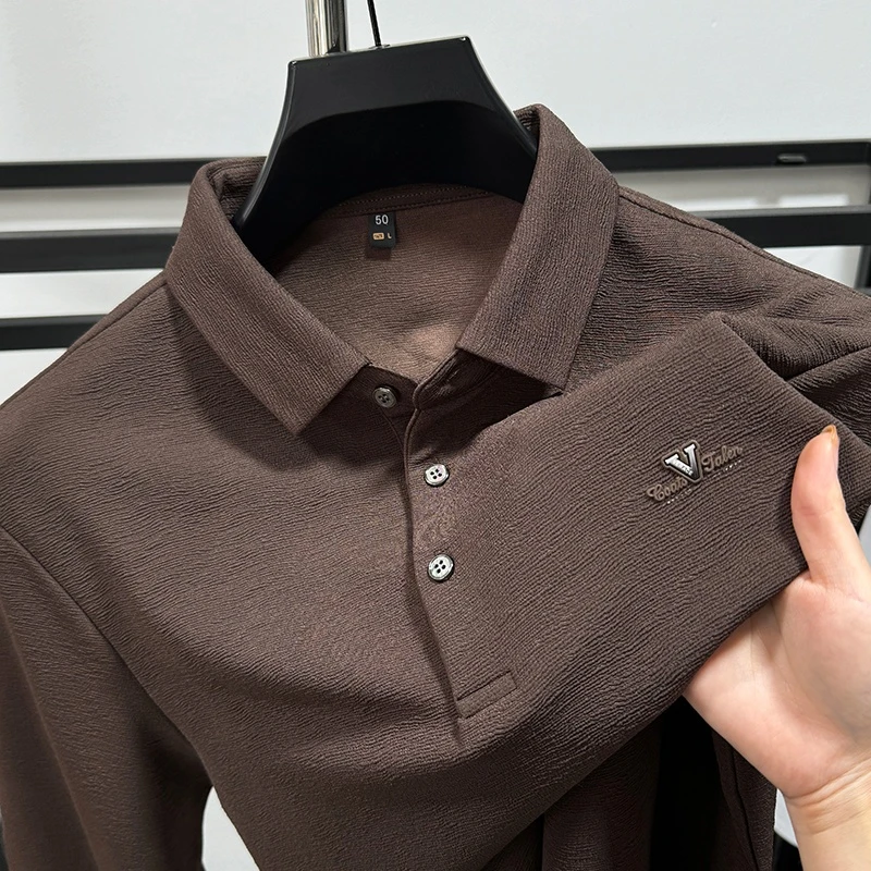 CATIA SELI新款褶皱加厚POLO衫男士翻领长袖T恤商务休闲带领上衣