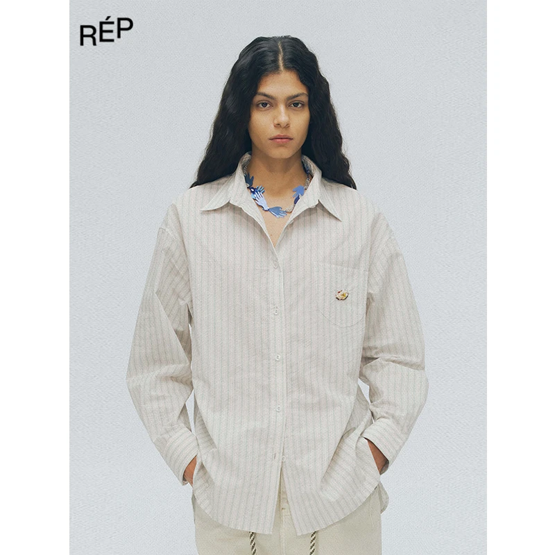 REP-JUNWEILIN设计师品牌 绿条纹重工生蚝钉珠Oversized衬衫25SS
