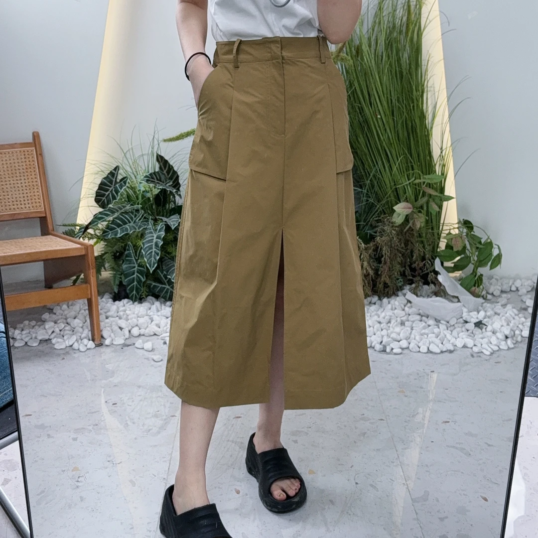 Lagogo/拉谷谷显瘦高腰宽松半身裙A字复古纯色卡其色NABB332D81