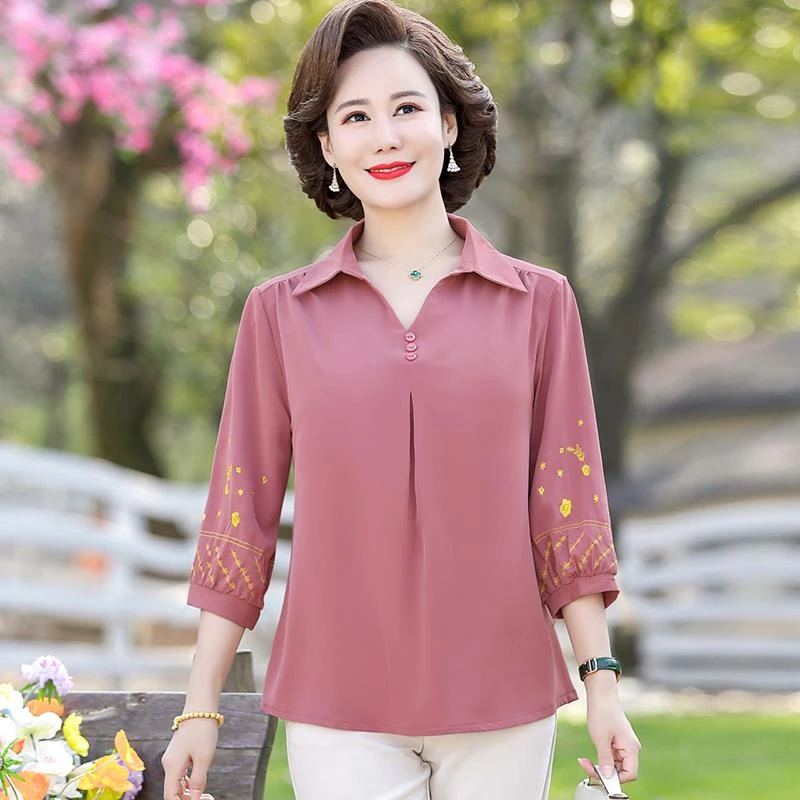 FAVMARTHA2025新款妈妈春秋五分袖恤衫上衣洋派中老年人女夏季短
