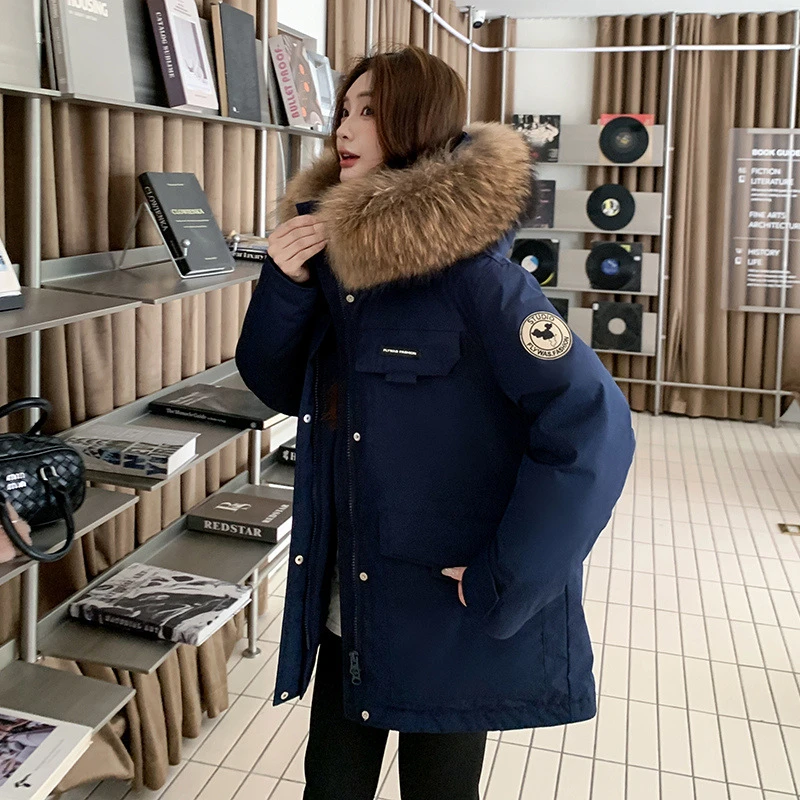 大码羽绒服女冬200-300斤胖MM冬季韩版工装风派克连帽羽绒服