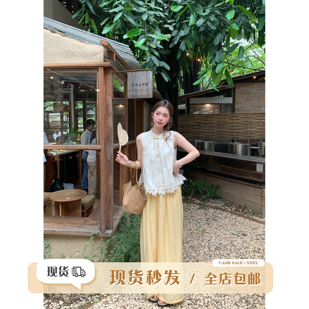 现货陳文文【山茶梨香】夏季新中式气质套装马甲上衣裤子两件套4700