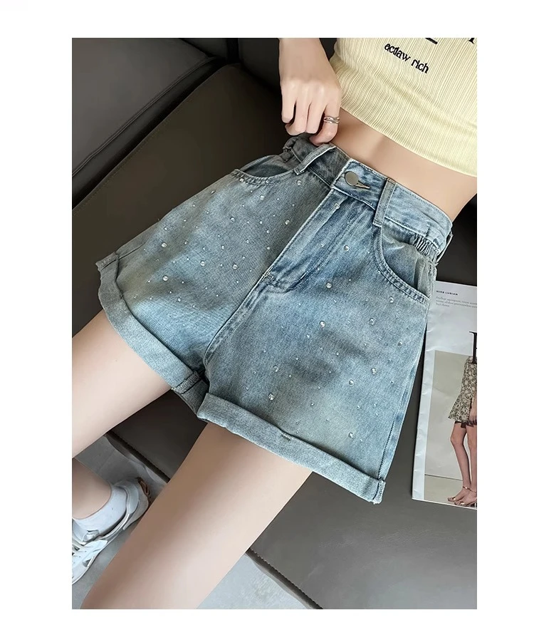 大码夏季新款卷边牛仔短裤女时尚百搭烫钻宽松a字高腰阔腿热裤