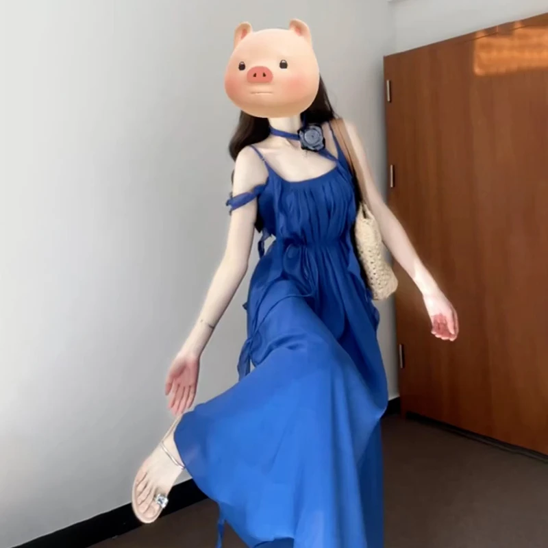 9780度假风露背飘带连衣裙女夏季新款大摆长裙高级感女装绝美裙子