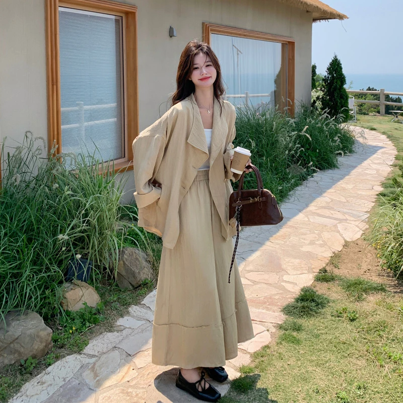 韩系松弛感ins风套装裤2025春秋新款气质显瘦慵懒风卡其色两件套