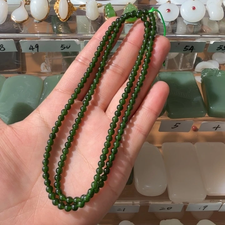和田玉颈饰未镶嵌正宗俄碧七号矿菠菜绿4mm项链（活动价）