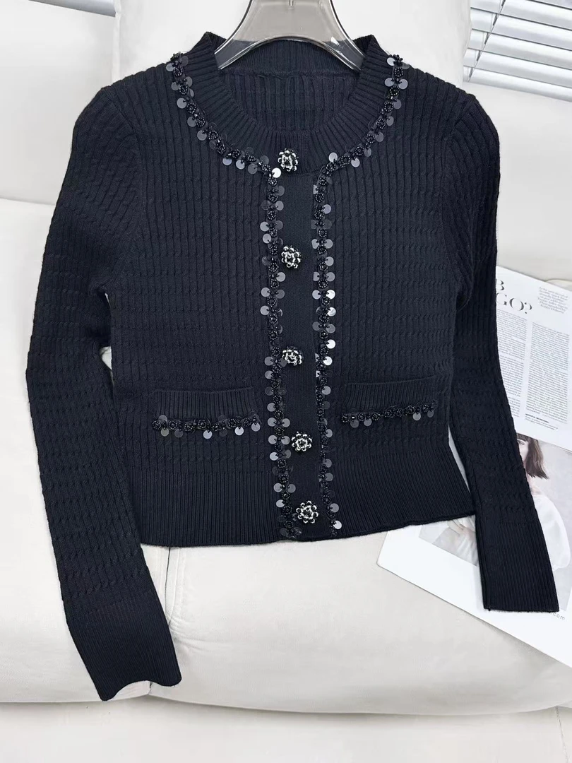 【轻奢小众】重工钉珠亮片修身针织开衫