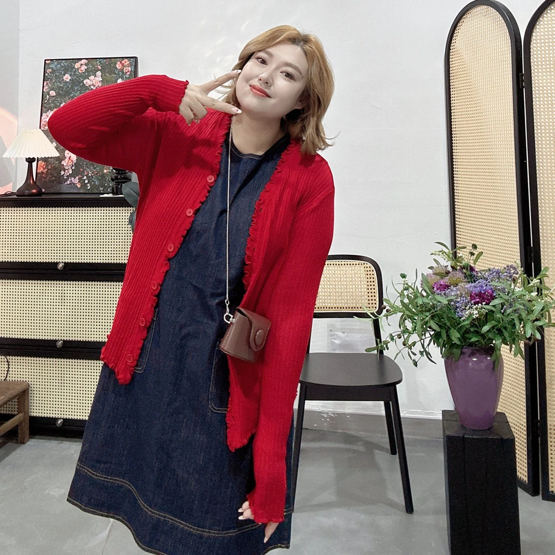 【程雅大码】春秋时尚洋气韩版宽松长袖薄款慵懒V领木耳边针织开衫