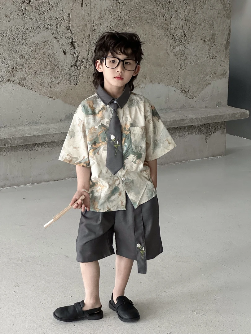 小韩欧巴山海国风2025夏季薄衬衫春休闲柔软无袖衬衫25373